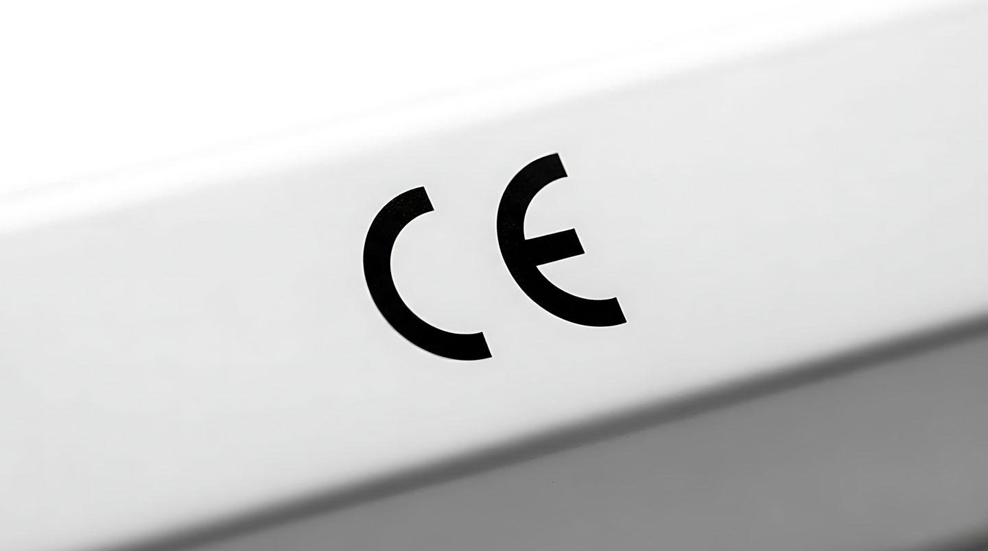 Gros plan sur une étiquette de marquage CE apposée sur un équipement professionnel de beauté, surface blanche moderne, texture nette du logo CE