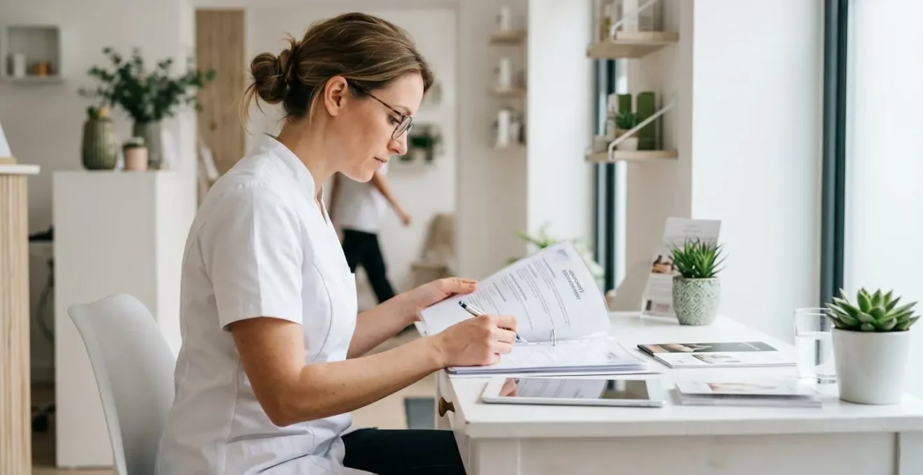 Esthéticienne en blouse blanche consultant des documents de conformité d'équipement, vue de profil dans un environnement de spa moderne, geste de vérification concentré