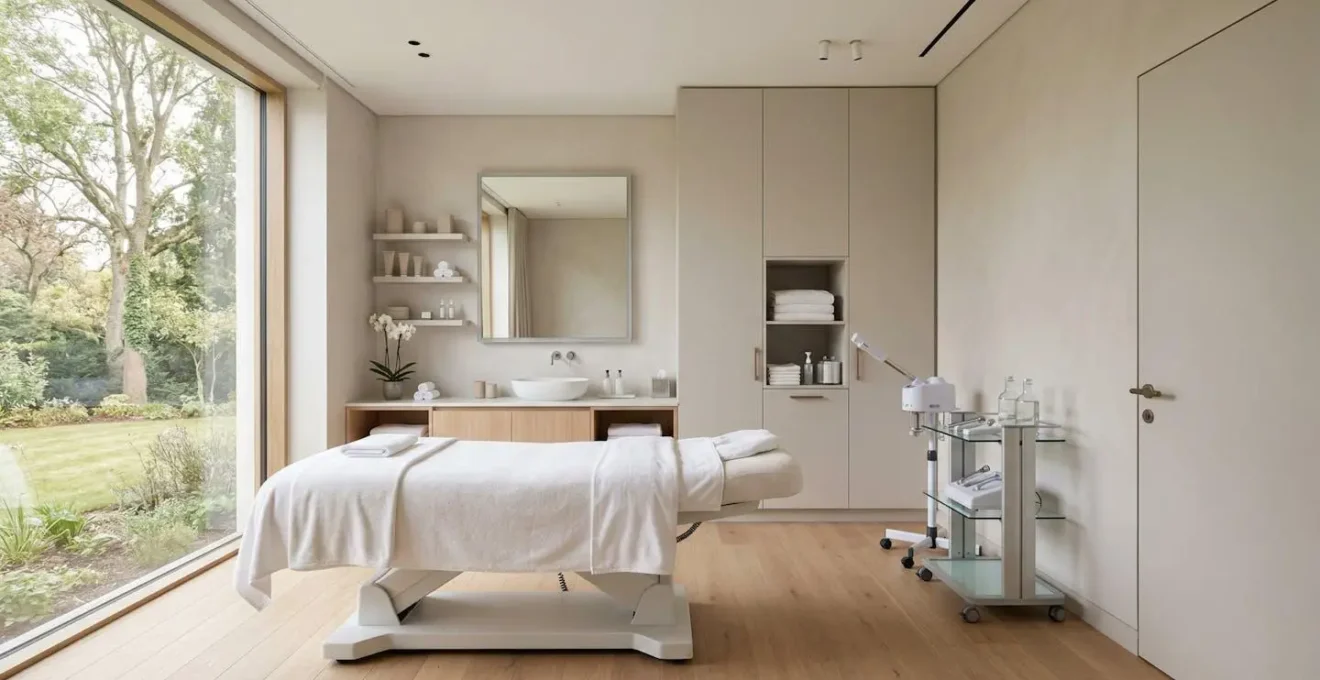 Salle de soin vide d'un institut de beauté moderne équipée d'appareils bien-être professionnels, lumière naturelle abondante, design épuré et minimaliste