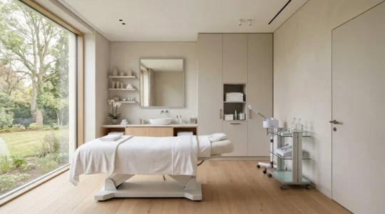 Salle de soin vide d'un institut de beauté moderne équipée d'appareils bien-être professionnels, lumière naturelle abondante, design épuré et minimaliste