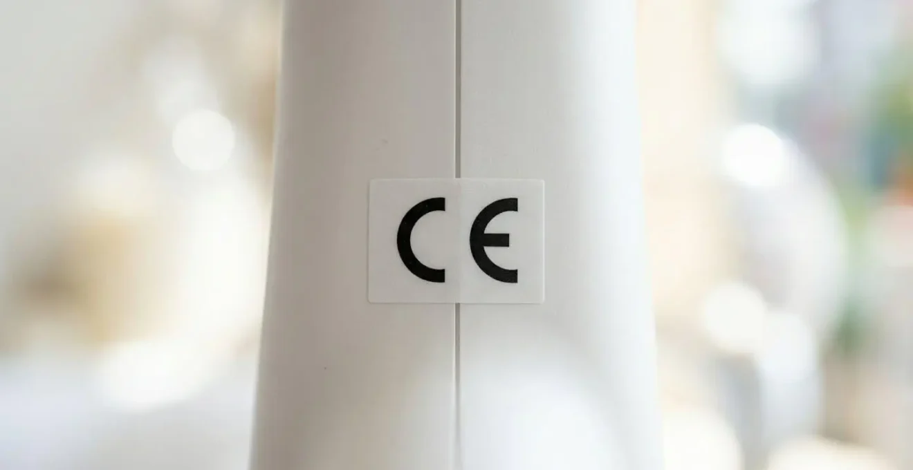 Gros plan sur une étiquette de marquage CE apposée sur un équipement professionnel de beauté, surface blanche moderne, texture nette du logo CE